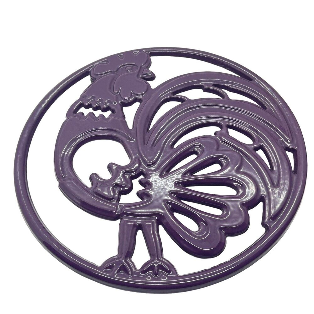 Rooster Trivet Purple Enamel Cast Iron Retro Country Kitchen Farmhouse Style